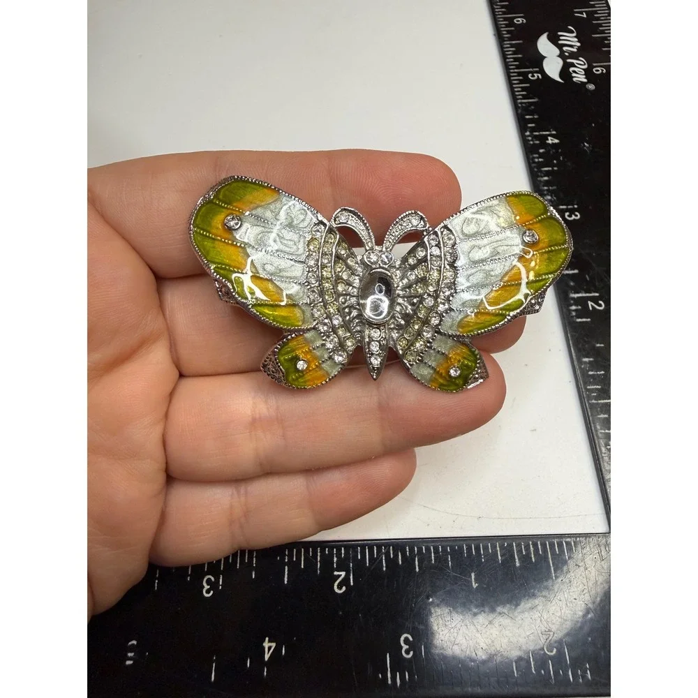 Butterfly Brooch Enamel Rhinestone Silver Tone Green Yellow Insect Pin